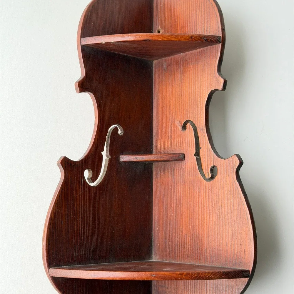 Vintage Handmade Wooden Cello Violin Shape Corner Shelf Rustic Music Room Cabin
